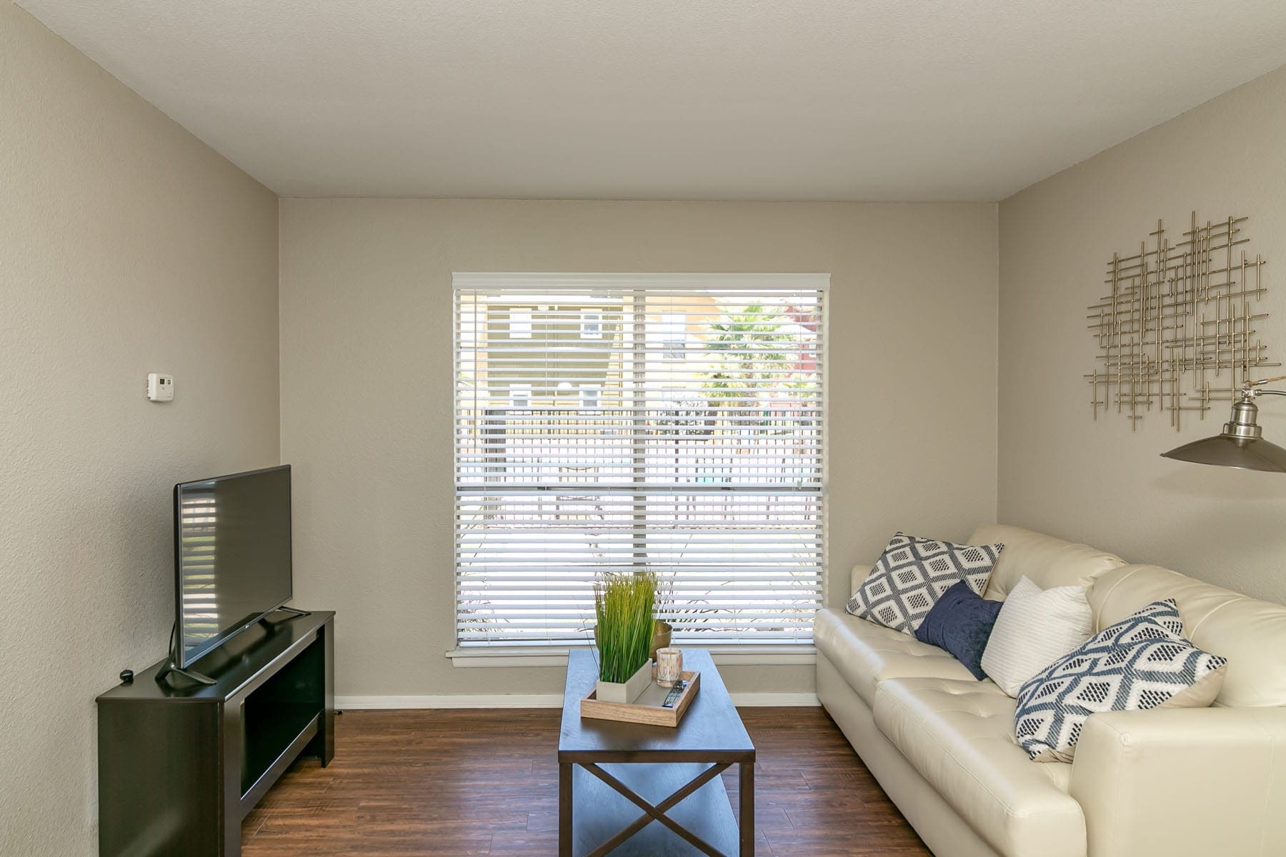 Apartments for Rent San Antonio, TX - Open-Concept Living Room with Large Window and Wood Flooring.