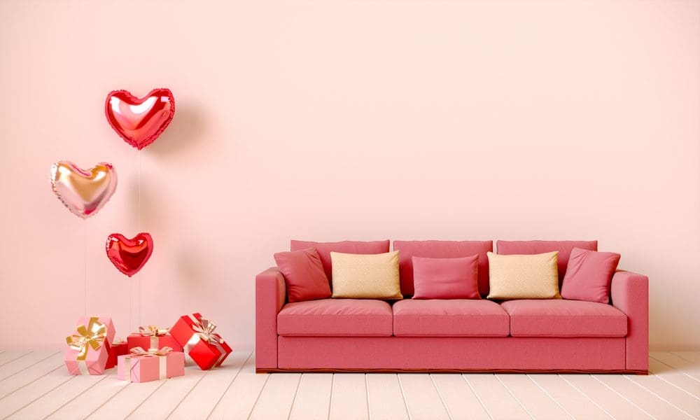 Interior,In,Beige,Tones,With,Gifts,,Heart-shaped,Balloons,And,A